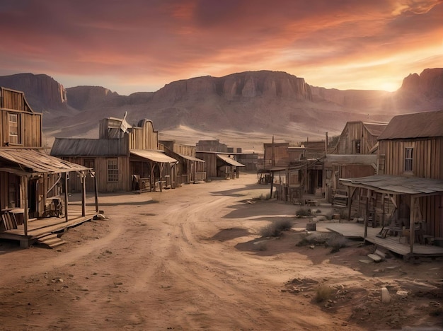 Surrealistisches staubiges, robustes Dorf im wilden Westen mit Holzhäusern und Tälern beim Sonnenuntergang