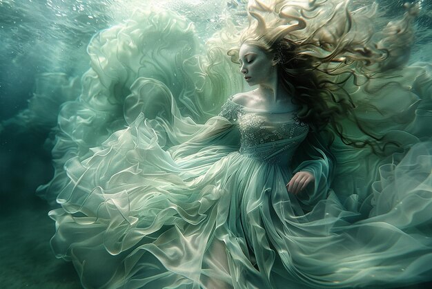 Foto surrealistisches unterwasserporträt von frau in fließendem kleid