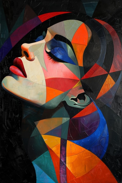Surrealistisches weibliches Porträt in lebendiger geometrischer Abstraktion