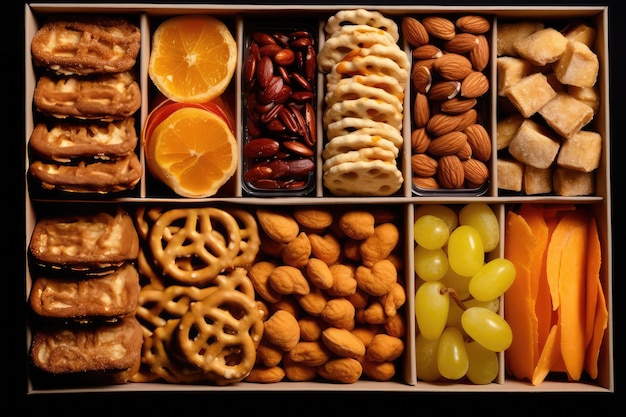 surtido de bocadillos en la caja publicidad profesional fotografía de alimentos Generado por IA