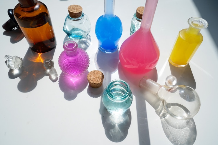 Foto surtido de botellas de vidrio con coloridas sombras y bengalas sobre un fondo blanco de cerca, la investigación de laboratorio y el concepto científico