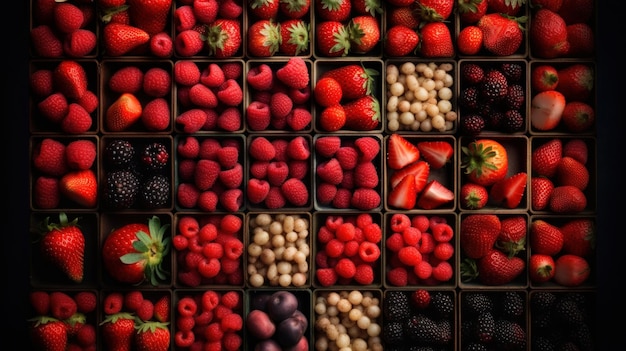 Un surtido de cajas con frutos rojos.