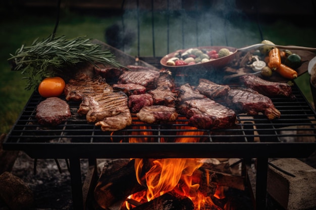 Surtido de carnes a la parrilla con verduras en parrilla con humo y llamas IA generativa