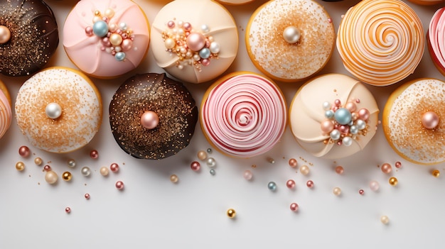 Surtido y collage de deliciosos donuts glaseados, un postre popular, foto de vista SUPERIOR para pastelería