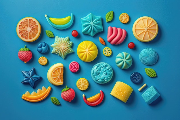 Surtido de coloridos caramelos de gelatina en forma de varias frutas Los caramelos tienen una textura gomosa translúcida y están dispuestos de una manera visualmente atractiva IA generativa