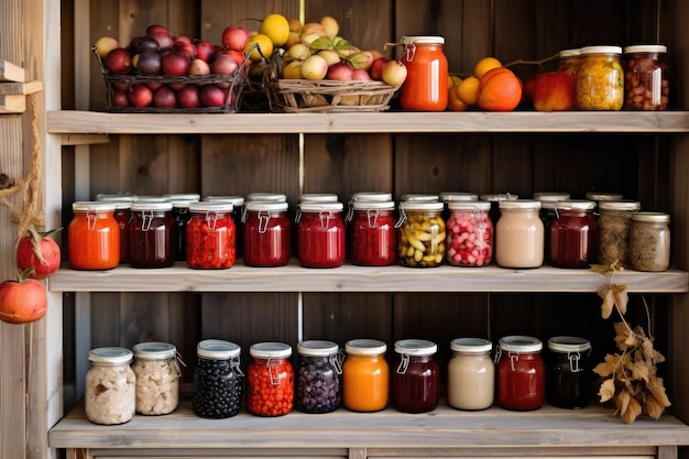 Surtido de conservas enlatadas Una despensa rústica con estantes llenos de mermeladas y frascos llenos de frutas de otoño Ilustración generativa de IA