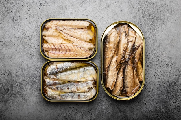 Surtido de conservas de pescado en lata sobre fondo de hormigón gris: sardina, sardina ahumada, caballa. Pescado enlatado como alimento conveniente, rápido y saludable y fuente de ácidos grasos omega-3, proteínas y vitamina D