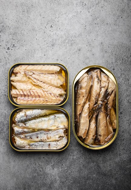 Surtido de conservas de pescado en lata sobre fondo de hormigón gris: sardina, sardina ahumada, caballa. Pescado enlatado como alimento conveniente, rápido y saludable y fuente de ácidos grasos omega-3, proteínas y vitamina D