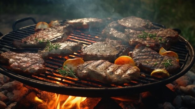 Surtido de deliciosas carnes a la parrilla con verduras en la parrilla de la barbacoa IA generativa