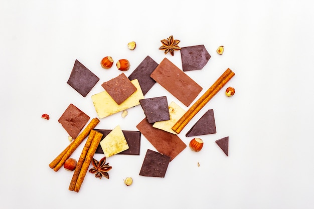 Surtido de diferentes tipos de chocolate, especias y avellanas sobre blanco.