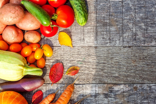 Surtido de diferentes verduras orgánicas frescas sobre fondo de madera de estilo rural Comida saludable concepto de dieta vegana vegetariana Jardín local producir alimentos limpios Vista superior del marco espacio de copia plana