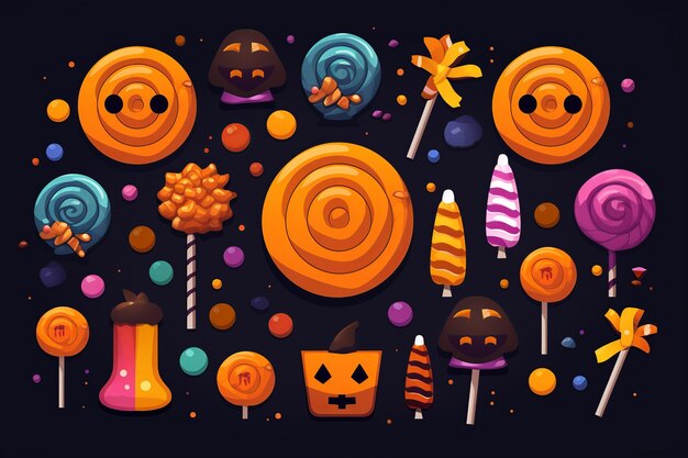 Foto surtido de dulces de halloween en diseño plano minimalista, un colorido guiño a las delicias de temporada