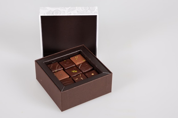 Surtido de finos bombones artesanales de chocolate negro con leche en caja regalo pequeña