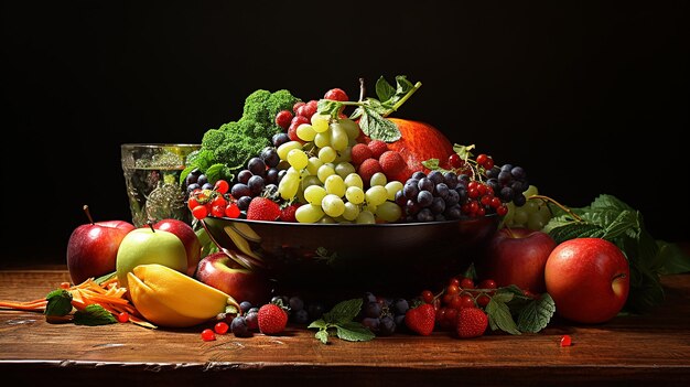 Surtido de frutas exóticas frescas en mesa de madera