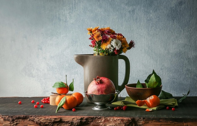 Surtido de frutas con flores en mesa de madera