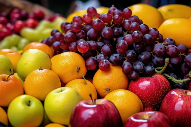 Surtido de frutas frescas de cerca en el mercado de agricultores