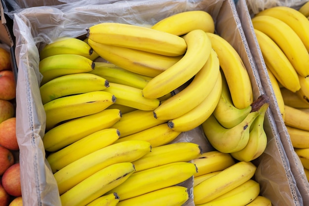 Surtido de frutas frescas de plátano en el mercado