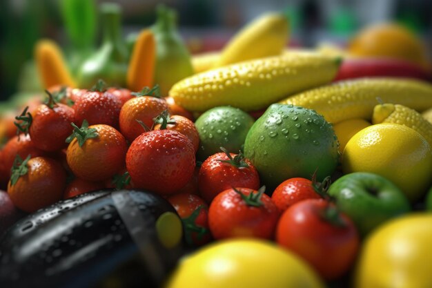 Surtido de frutas y verduras frescas en el mercado de agricultores local