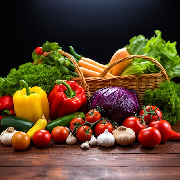 Surtido de frutas y verduras orgánicas en cesta de mimbre aislado sobre fondo blanco.