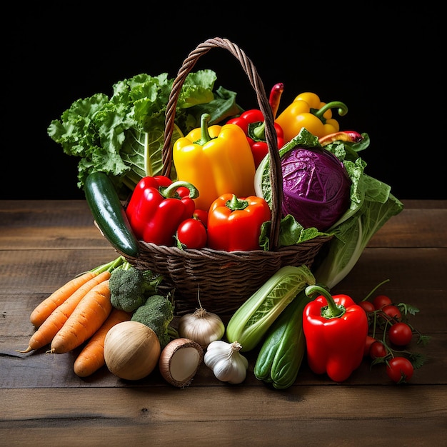 Surtido de frutas y verduras orgánicas en cesta de mimbre aislado sobre fondo blanco.