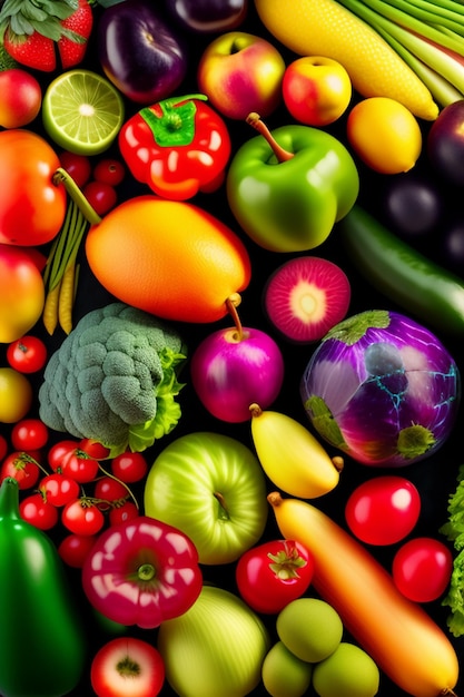 Foto surtido de frutas y verduras orgánicas frescas en color arcoiris