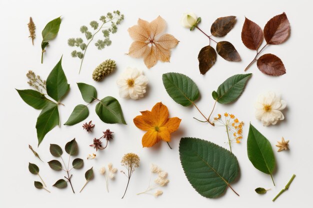 Surtido de hojas y flores sobre fondo blanco ai generativo