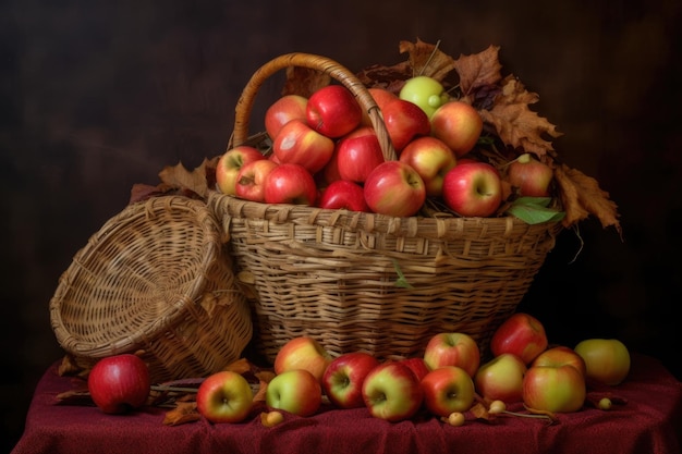 Foto surtido de manzanas saliendo de una cesta de mimbre creada con ia generativa