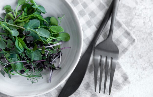 Surtido de micro greens sobre fondo de hormigón. Estilo de vida saludable