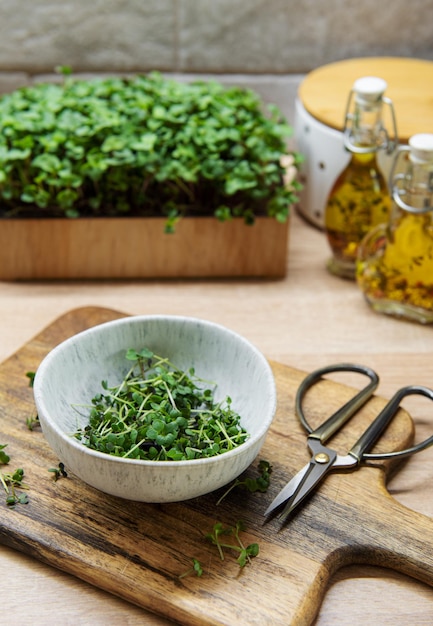 Surtido de micro verduras en la mesa.