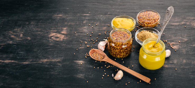 Surtido de mostaza en salsas Especias Sobre un fondo de madera negra Vista superior Copiar espacio para el texto