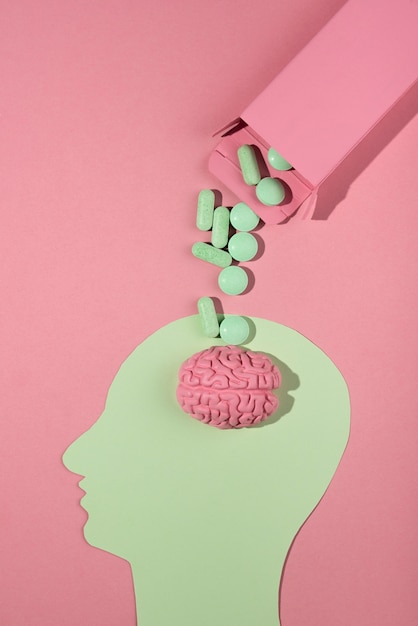 Foto surtido de pastillas para estimular el cerebro y mejorar la memoria.