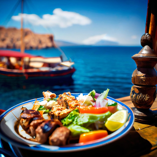 Un surtido de platos griegos con el mar y el cielo soleado como telón de fondo