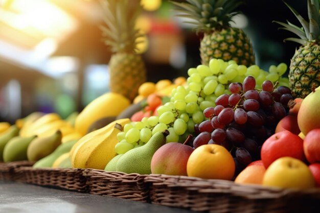 Surtido de primer plano de frutas frescas en el mercado de agricultores con espacio de copia borrosa