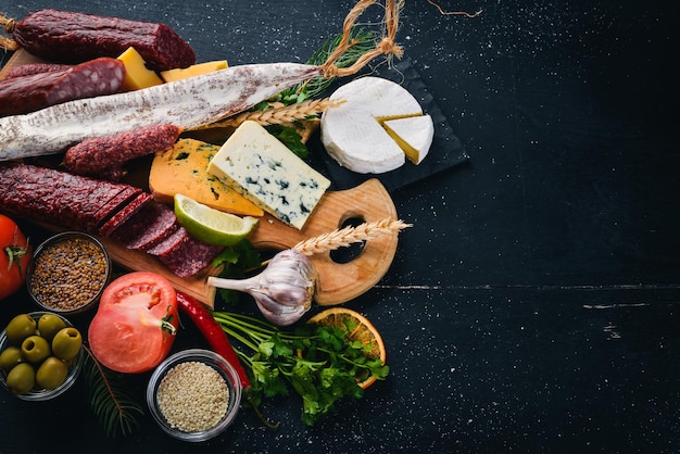 Surtido de quesos y embutidos tradicionales sobre un fondo de madera. Queso brie, queso azul, gorgonzola, fuete, salami. Espacio libre para texto. Vista superior.