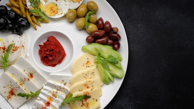 Surtido de quesos con verduras y aceitunas en un plato blanco.