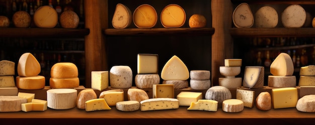 Surtido de ruedas de queso de lujo en un panorama de alimentos de estantería Ai generativo