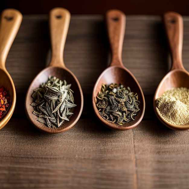 Surtido de té seco en cucharas sobre mesa de piedra