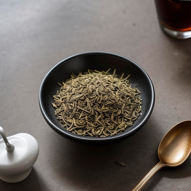 Surtido de té seco en cucharas sobre mesa de piedra