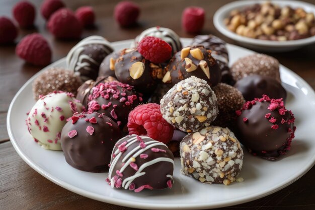 Surtido de trufas de avellana y frambuesa en un plato blanco