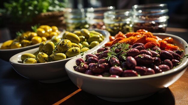 Surtido de verduras en escabeche con hierbas en una mesa de madera comida conceptgenerative ai