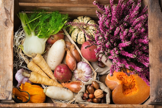 Surtido de verduras maduras en una mesa de madera rústica. Concepto de cosecha, granja, mercado, concepto de bio alimentos orgánicos.
