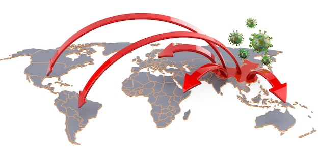 Surto de coronavírus se espalhou pelo vírus chinês na renderização 3D do conceito mundial