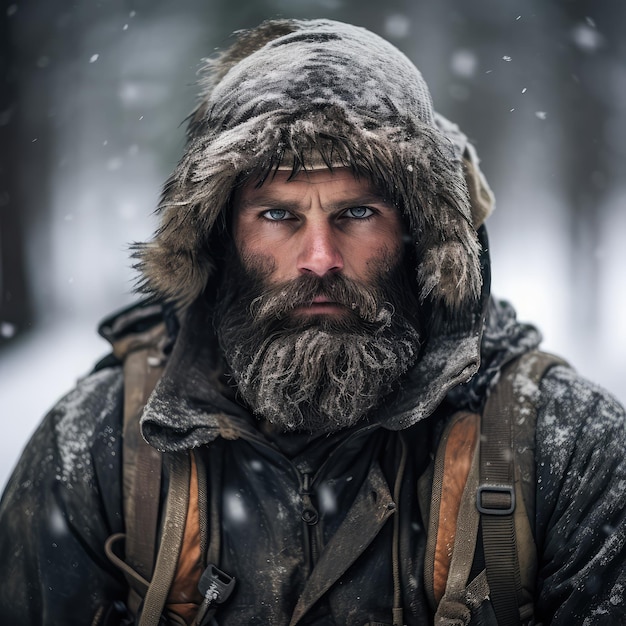 Survivalist Tough Bearded Man in Cold PostApocalypse Hunter Post-Apocalyptisches Konzept