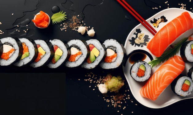 Sushi Advertising Background For Social Media Post Japanese Sushi Roll with Salmons Generative Ai (Rolo de Sushi Japonês com Salmão)