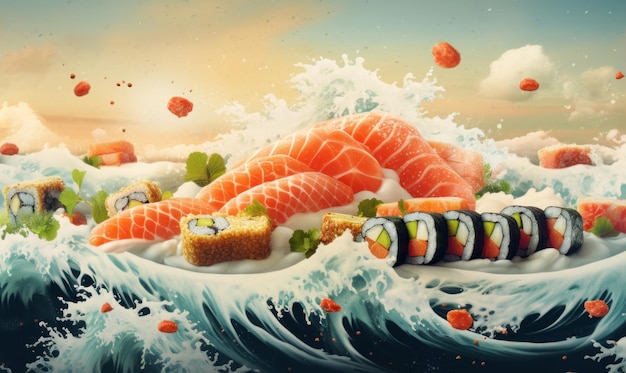 Sushi Advertising Background For Social Media Post Japanese Sushi Roll with Salmons Generative Ai (Rolo de Sushi Japonês com Salmão)