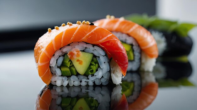 Sushi apresentado numa superfície refletora com elementos decorativos