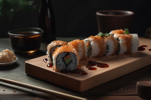 Sushi auf einem Holzbrett mit Sauce darauf