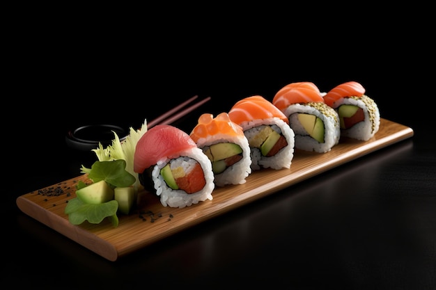Sushi auf einem Holztablett mit schwarzem Hintergrund