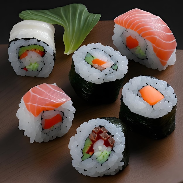 Sushi auf einem Holzteller mit einem grünen Blatt an der Seite