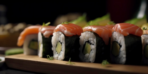 Sushi auf einem Holzteller mit Lachs darauf.